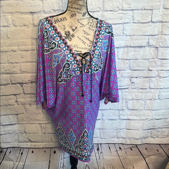 Nanette Lepore Swim CoverUp Moroccan Medallion Size Large Cold Shoulder V-neck - Picture 2 of 9